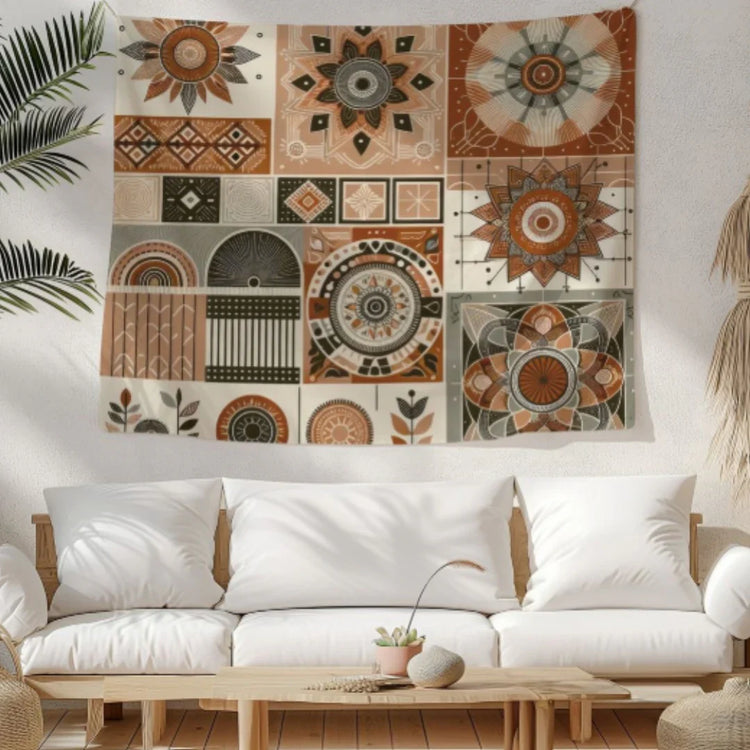 Bohemian patchwork tapestry with warm-toned geometric arches and ornamental motifs.