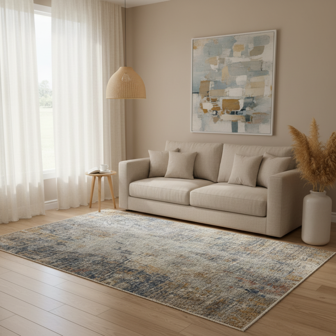 Living room with a beige sofa, abstract painting, and patterned rug.