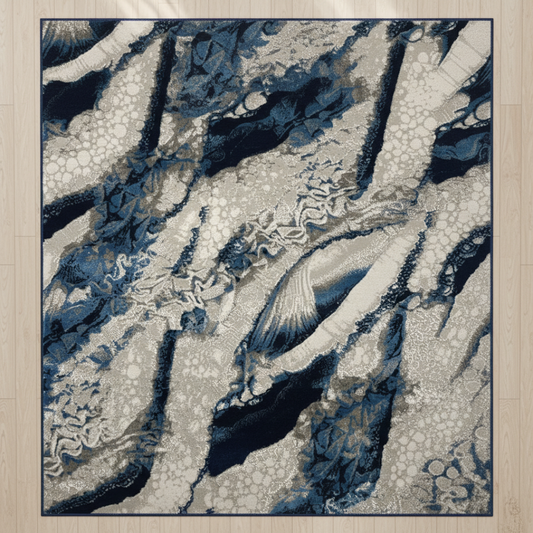 Abstract patterned rug on a wooden floor