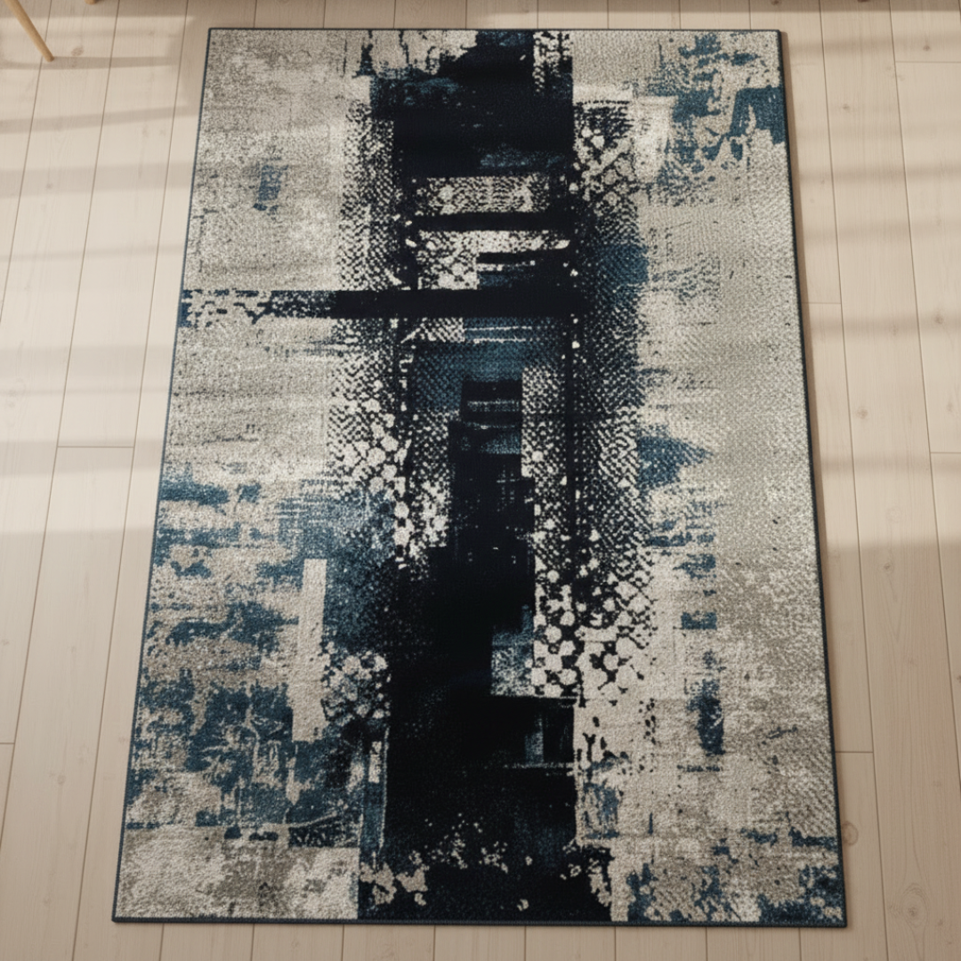 Abstract patterned rug on a tiled floor