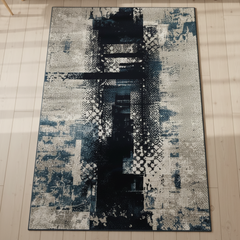 Abstract patterned rug on a tiled floor