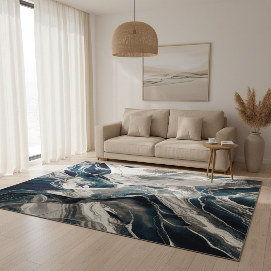 Living room with a blue and gray abstract rug, beige sofa, and decorative elements.