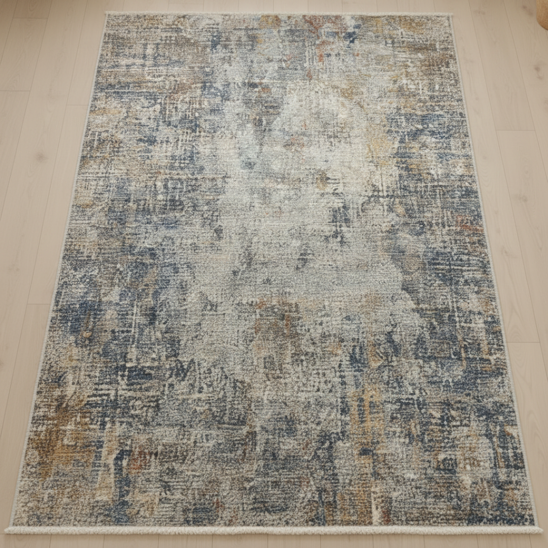 Multicolored area rug on a light wooden floor
