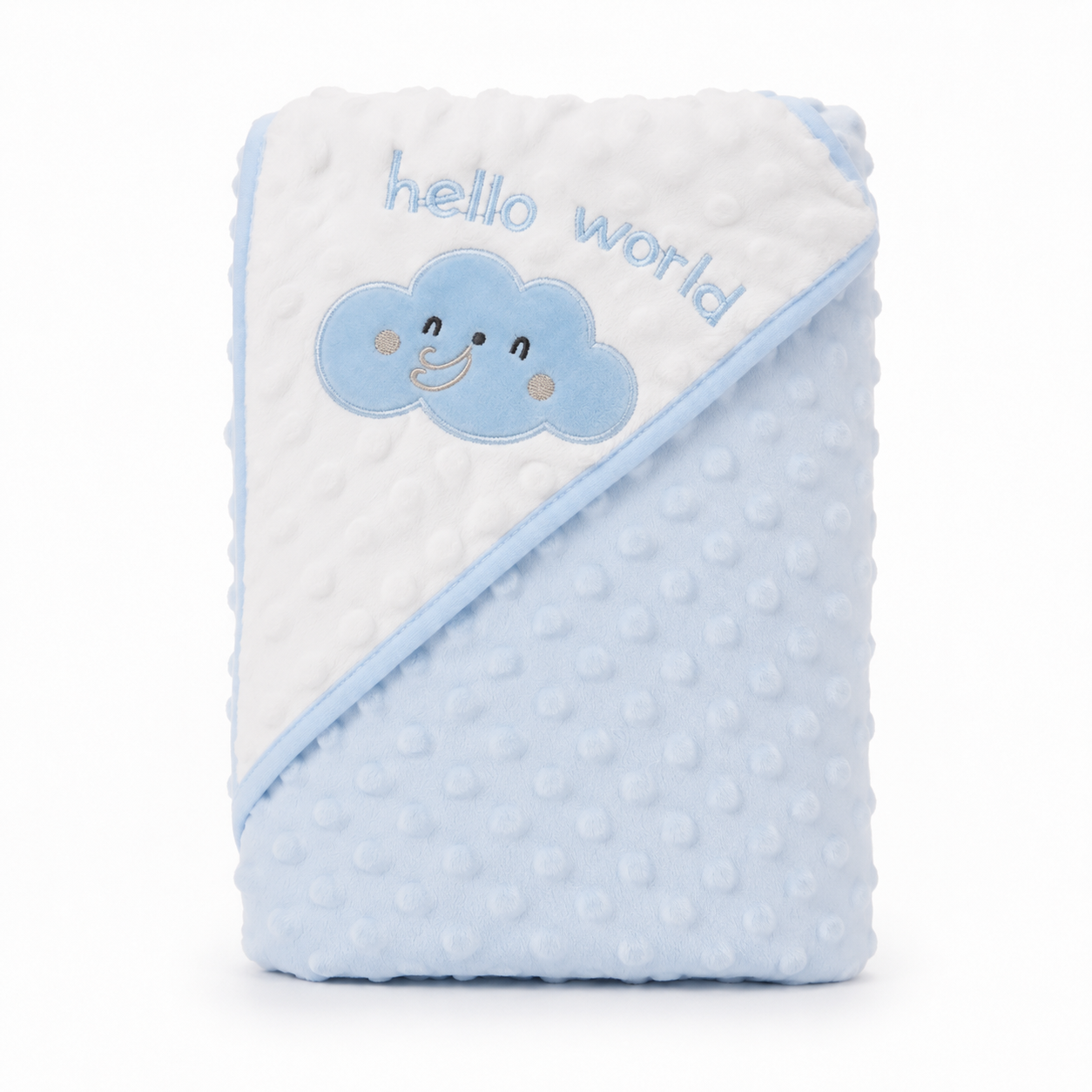 A folded baby blanket with a white and light blue minky dot design, featuring an embroidered blue cloud with a smiling face and the words 'hello world' on the white section.
