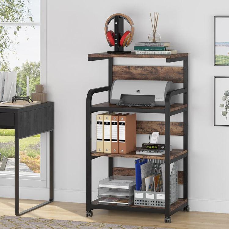 Brown rolling shelf holding a printer, headphones, binders and office supplies