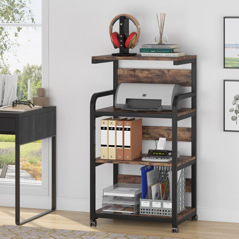 Brown rolling shelf holding a printer, headphones, binders and office supplies
