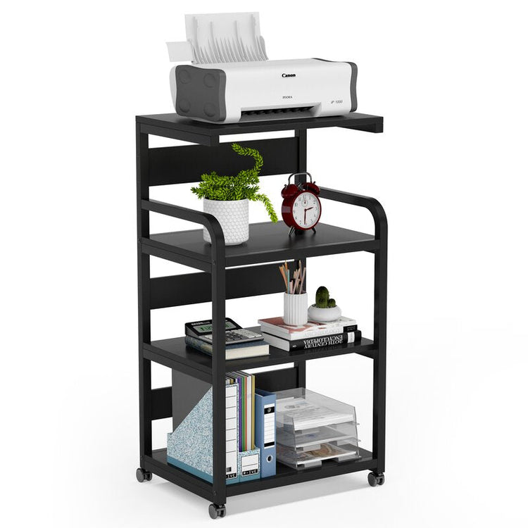 Freestanding black cart holding a printer, plant, clock and office supplies