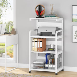 White rolling shelf holding a printer, headphones, binders and office supplies