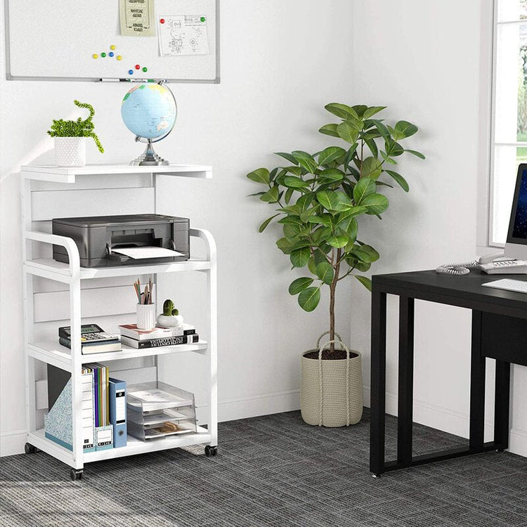 White rolling office rack holding a printer, books and supplies beside a desk