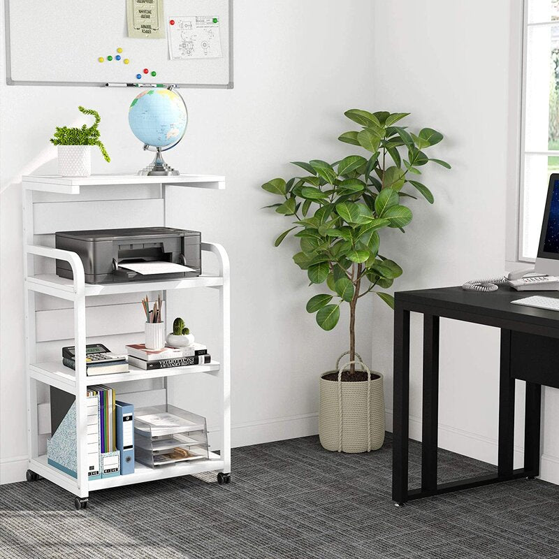 White rolling office rack holding a printer, books and supplies beside a desk