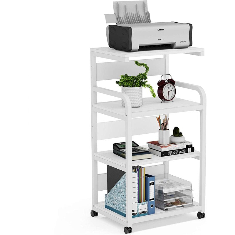 Freestanding white cart holding a printer, plant, clock and office supplies