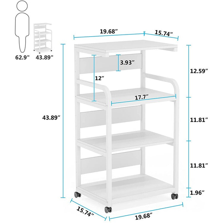 Dimension diagram of a tall white four-tier rolling shelf