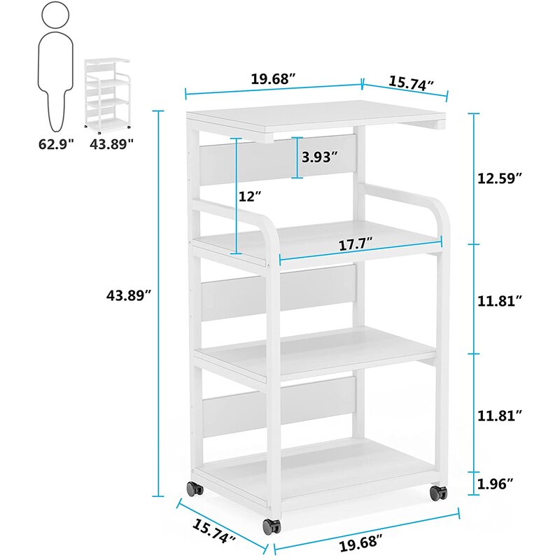 Dimension diagram of a tall white four-tier rolling shelf
