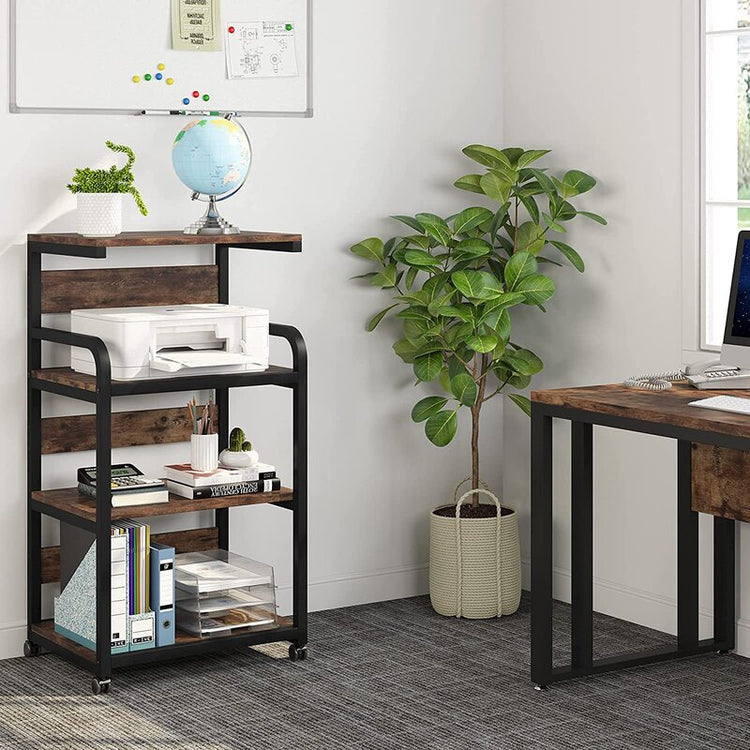 Brown-shelved rolling office rack holding a printer, books and supplies