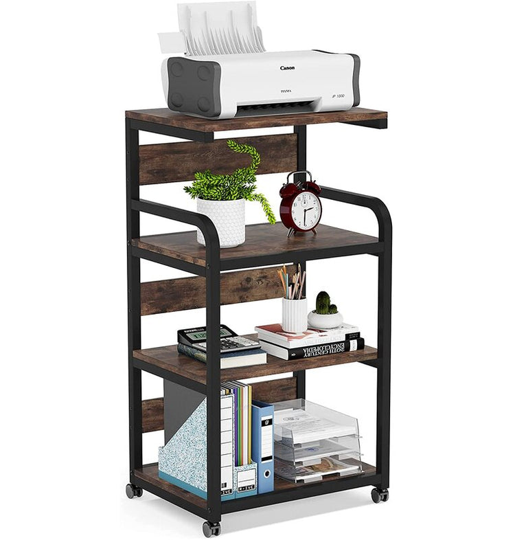 Freestanding brown-shelved cart holding a printer, plant, clock and office supplies