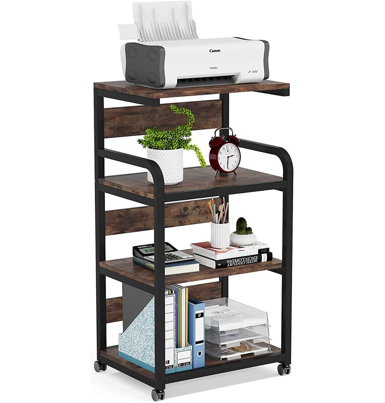 Freestanding brown-shelved cart holding a printer, plant, clock and office supplies
