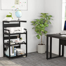 Black rolling office rack holding a printer, books and supplies beside a desk