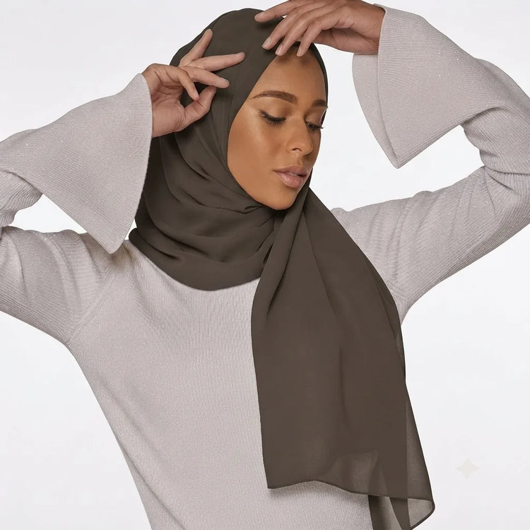 Model wearing a plain taupe chiffon stole as a headscarf.