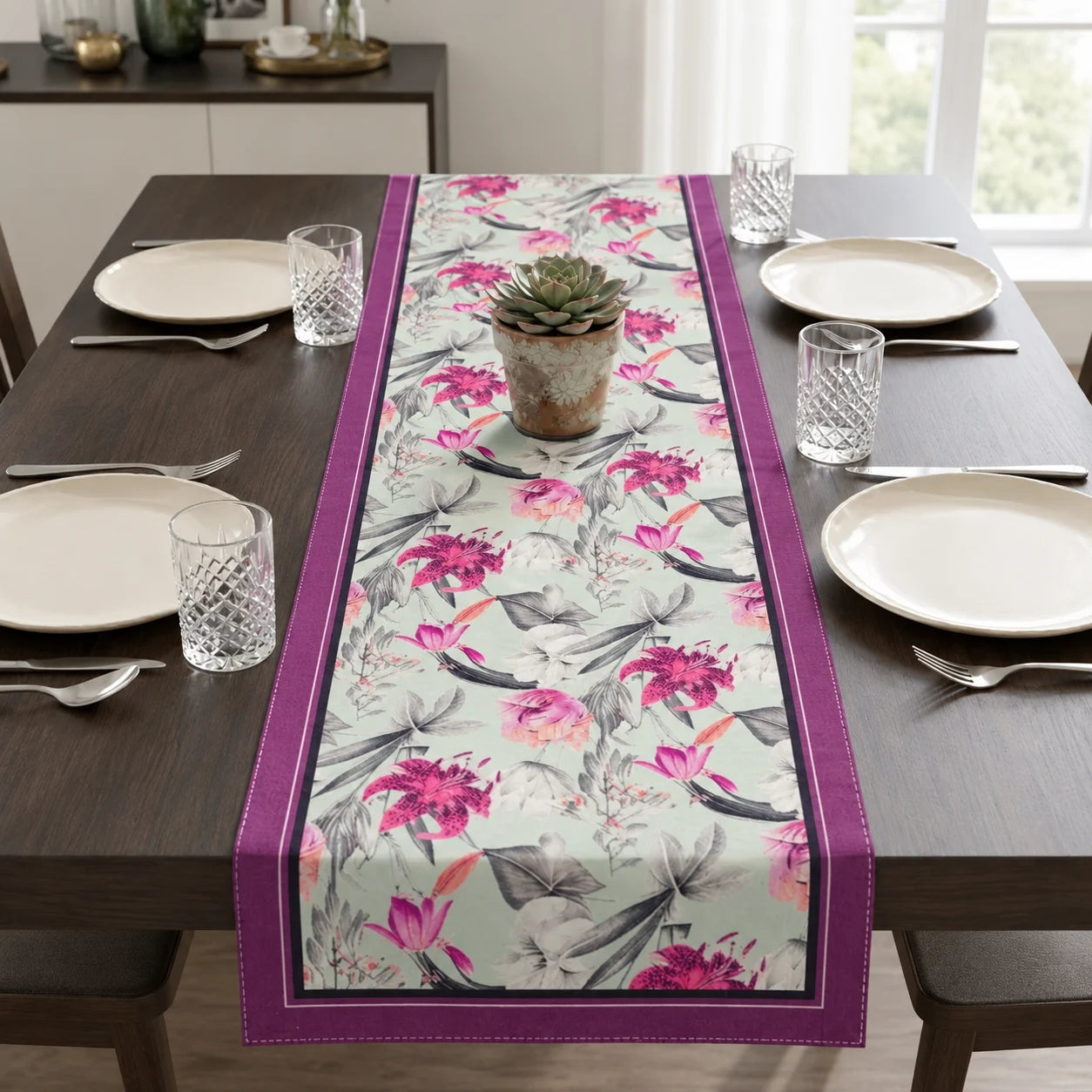 Twilight Bloom Table Runner placed on a dining table 