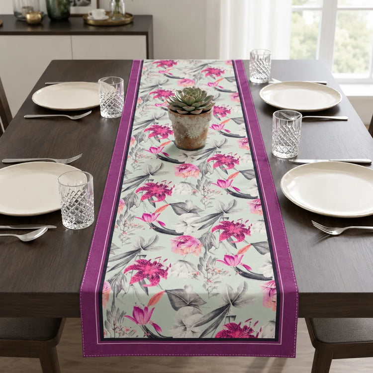 Twilight Bloom Table Runner placed on a dining table 