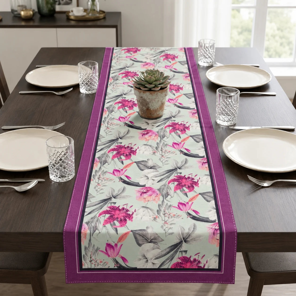 Twilight Bloom Table Runner placed on a dining table 