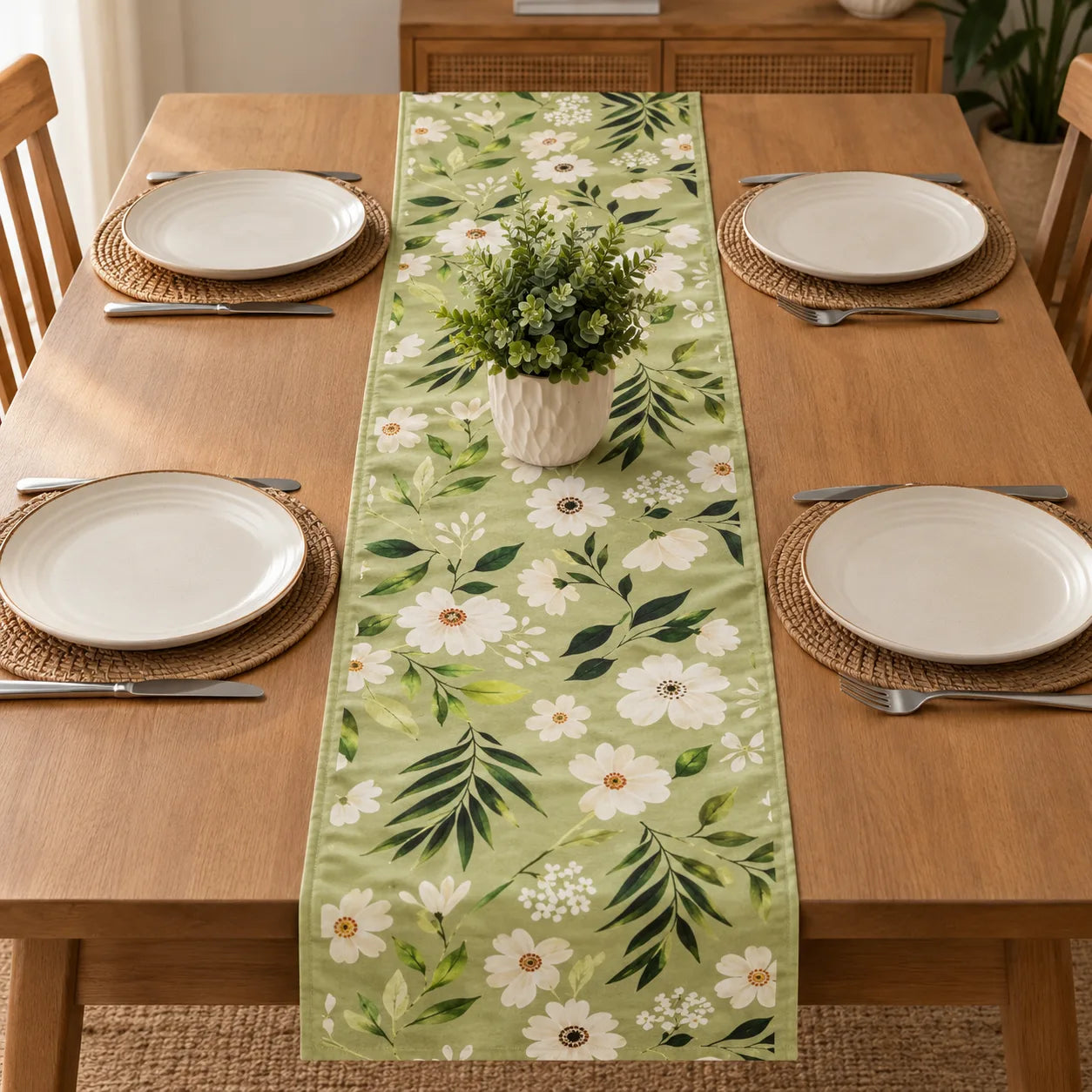 Verdant Bloom Runner Table Runner placed on a light brown dining table