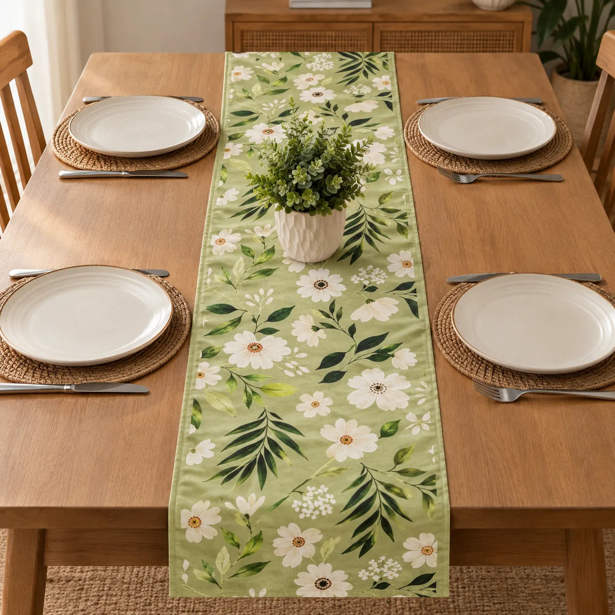 Verdant Bloom Runner Table Runner placed on a light brown dining table
