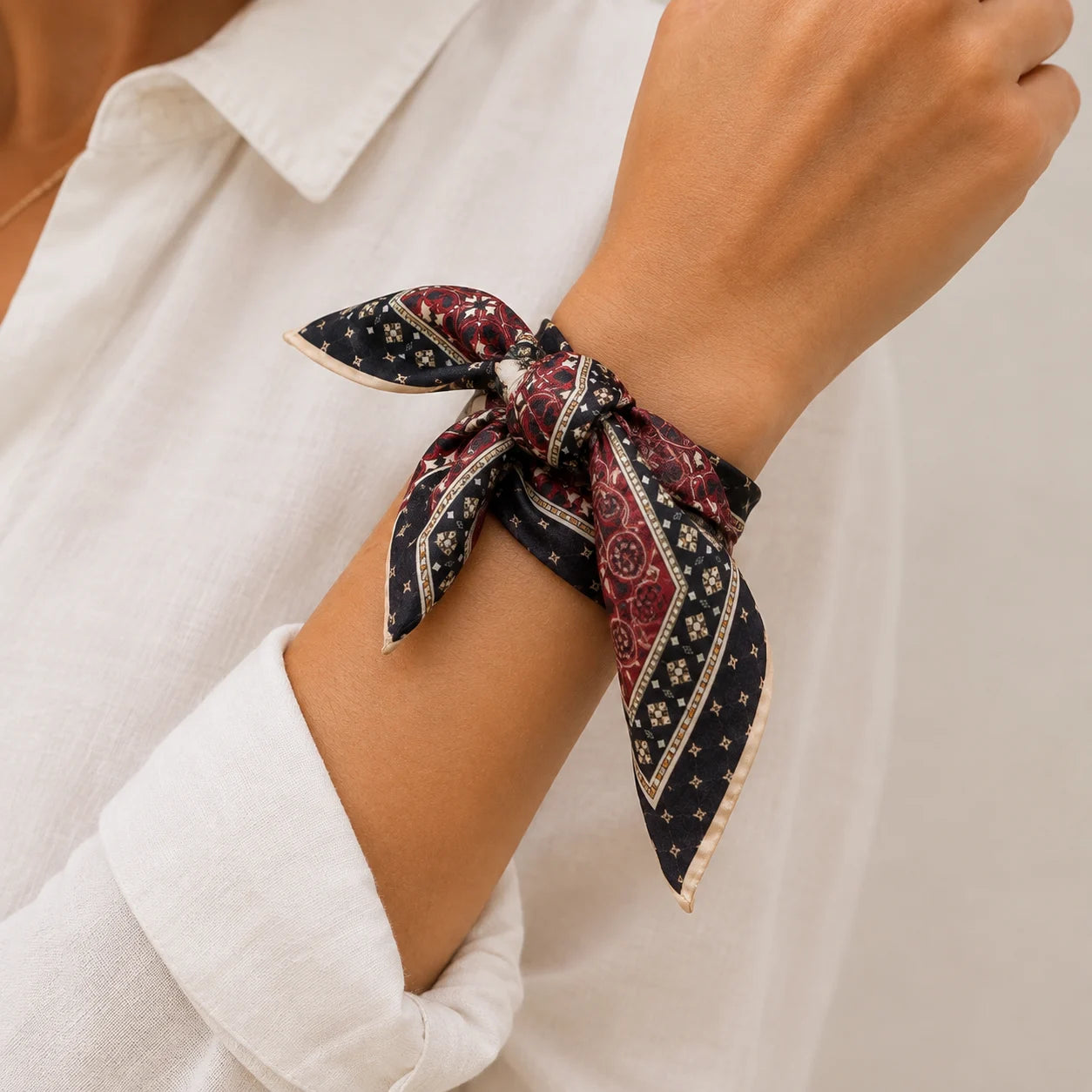 Veylora Bandana tied around a wrist in a close range shot 