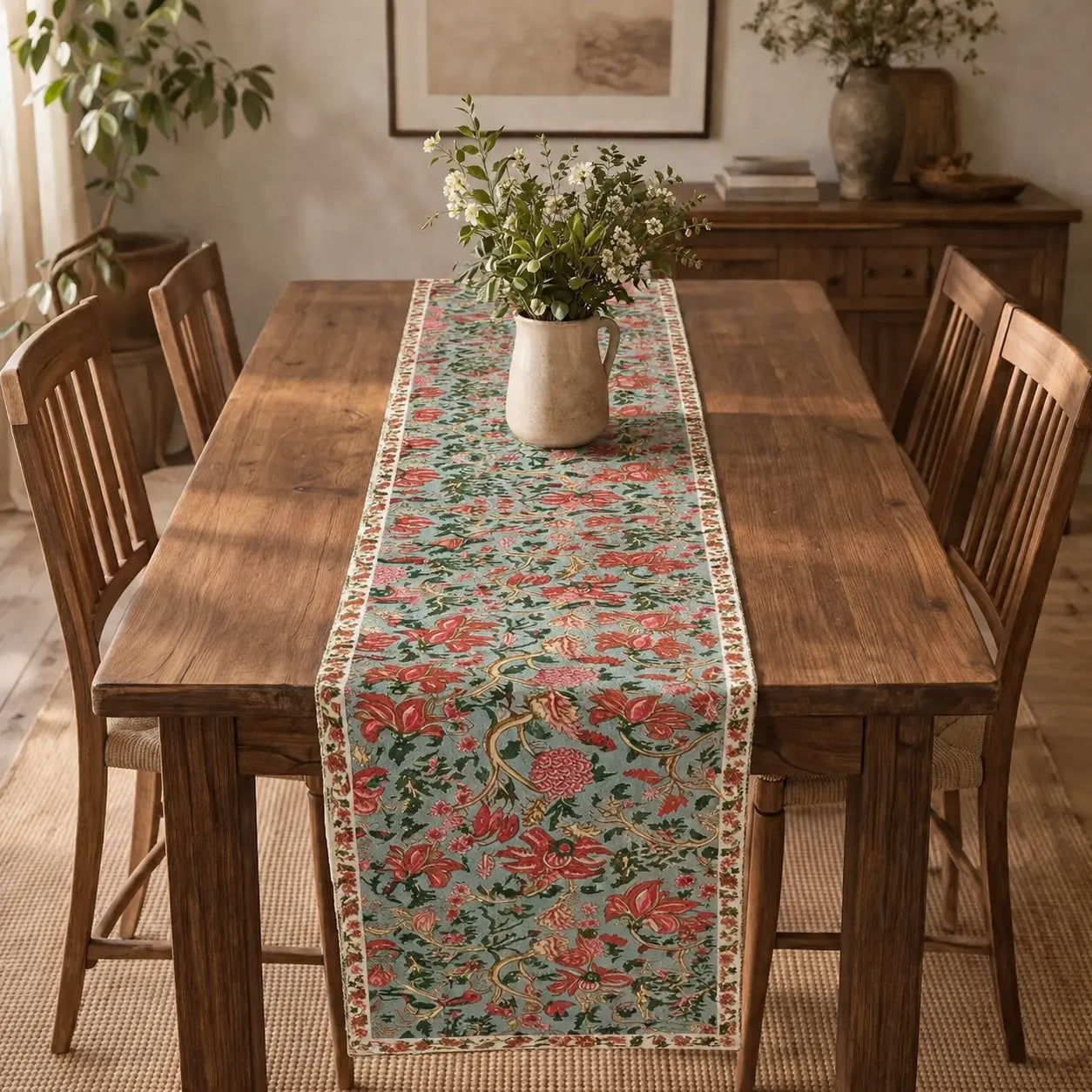 A floral table runner with a vintage botanical pattern in teal, pink, and green, styled on a rustic wooden dining table with chairs and a vase of flowers.