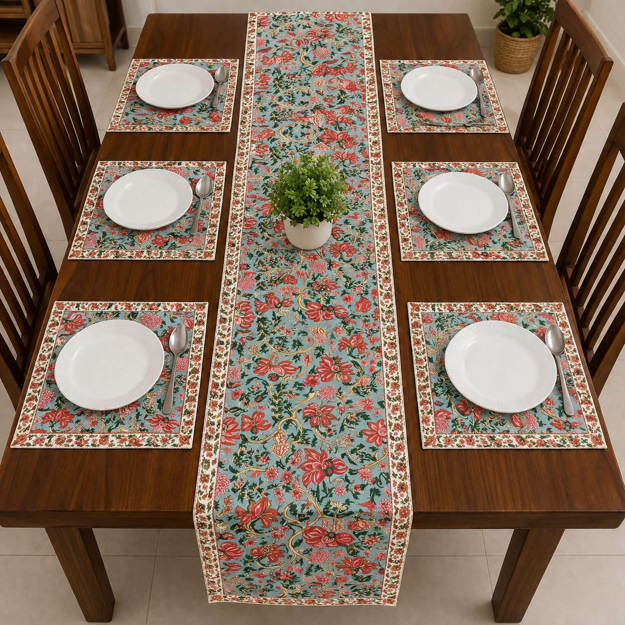 A floral table runner and matching placemats arranged on a dark wood dining table set with white plates, silver cutlery, and wooden chairs. A small potted green plant sits in the center of the table.
