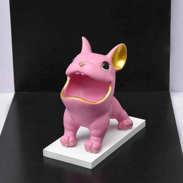 Pink bulldog-shaped decorative organizer with gold-coloured ears and rim.