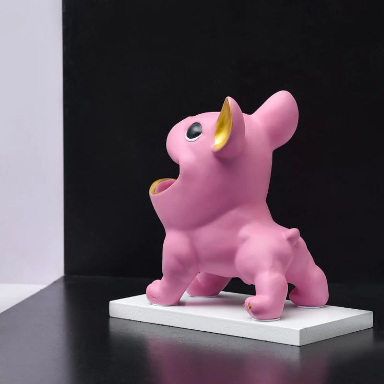 Side view of a pink bulldog-shaped decorative organizer.
