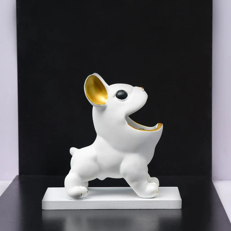 Side view of a white bulldog-shaped decorative organizer.