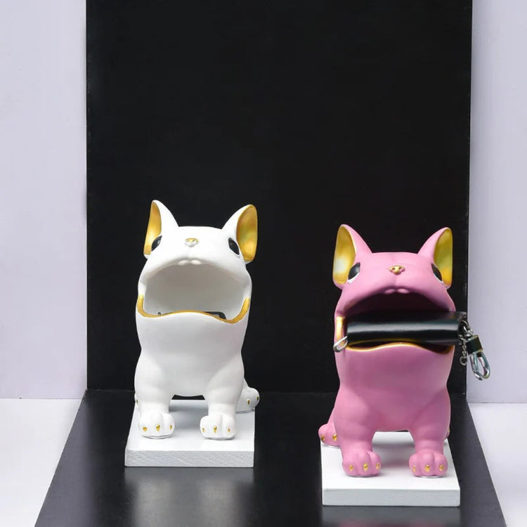 White and pink bulldog-shaped decorative organizers with gold-coloured ears.