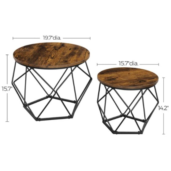 Dimension diagram of two round brown nesting coffee tables with black geometric bases.