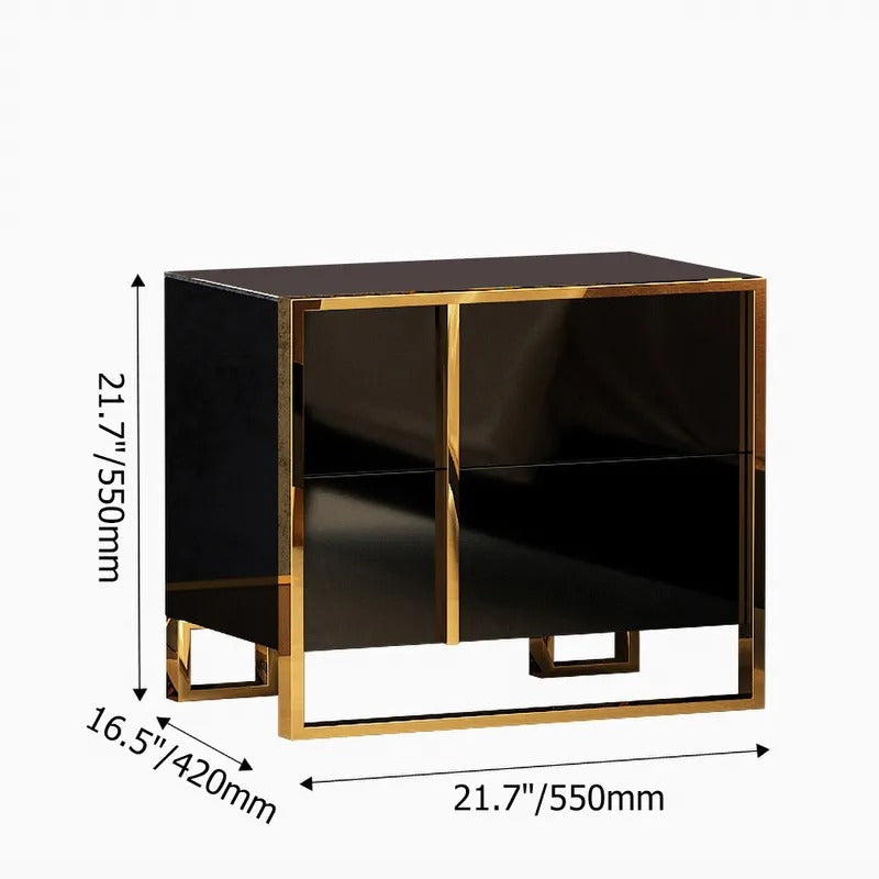 Dimension diagram of a black two-drawer bedside cabinet with gold-colored frame.