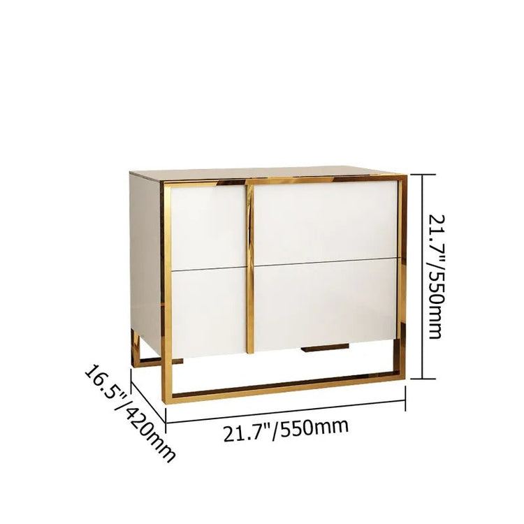 Dimension diagram of a white two-drawer bedside cabinet with gold-colored frame.