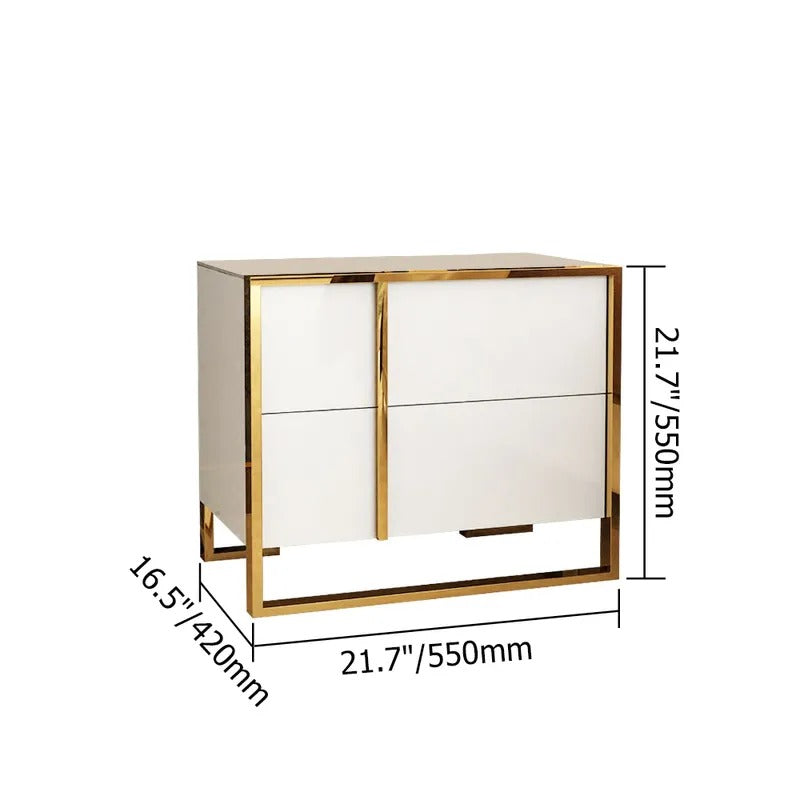 Dimension diagram of a white two-drawer bedside cabinet with gold-colored frame.