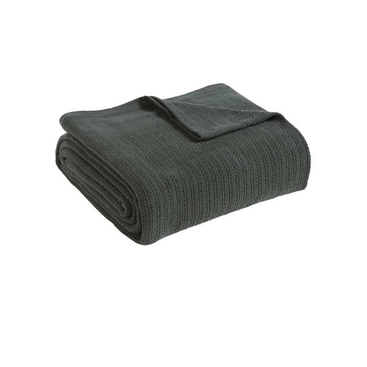 Folded charcoal grey ribbed cotton thermal blanket.