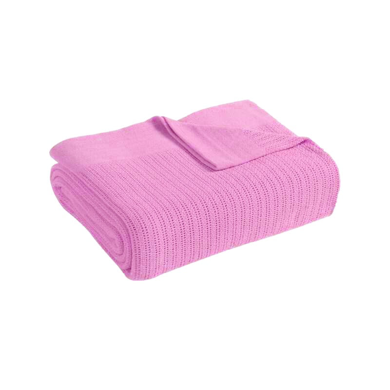 Folded pink ribbed cotton thermal blanket.