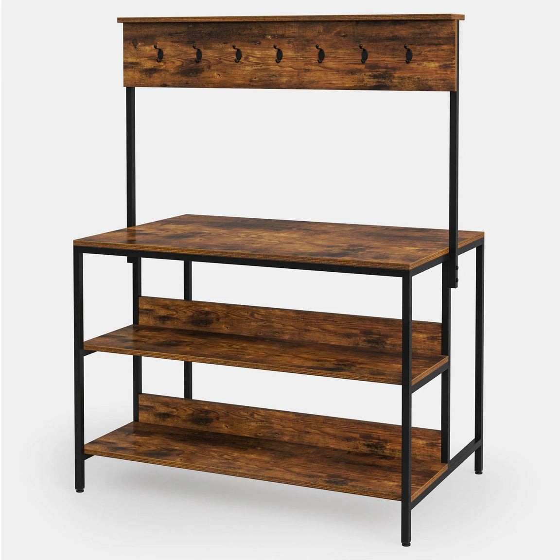 Empty brown-shelf kitchen rack with a black frame and raised wooden hook rail.
