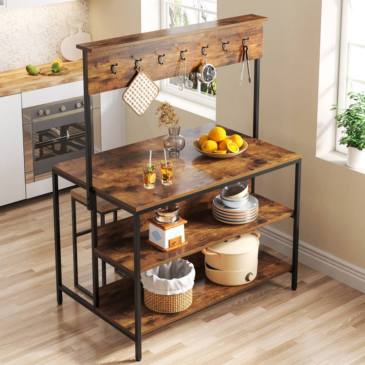 Brown-shelf kitchen rack with a black frame and raised wooden hook rail holding appliances, cookware and utensils.