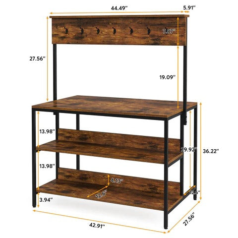 Dimension diagram of a brown-shelf kitchen rack with a black frame and raised wooden hook rail.
