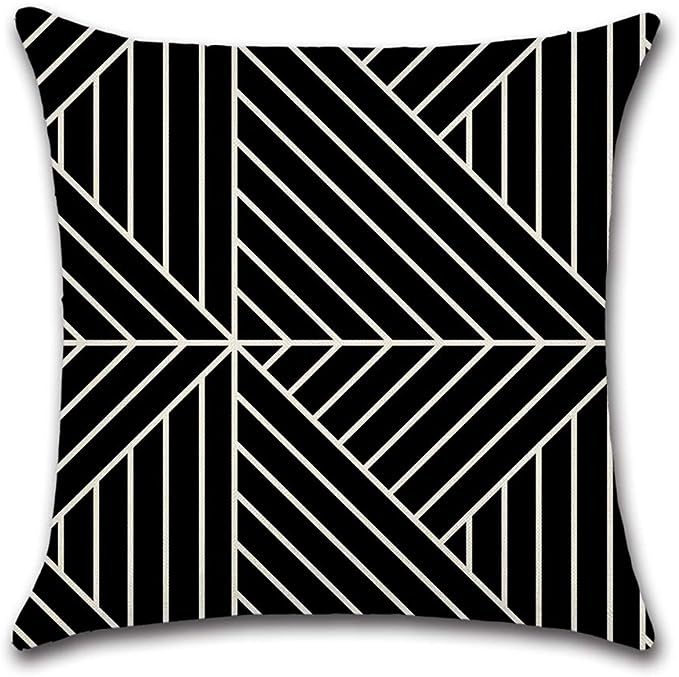 Black cushion cover with fine cream diagonal lines in geometric sections.
