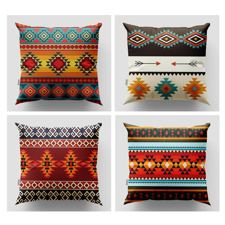 Four cushion covers with colourful horizontal geometric bands.