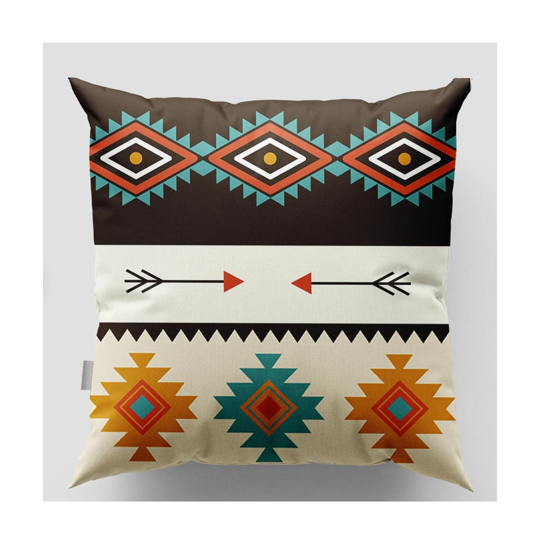 Cream cushion cover with teal and rust diamonds, arrows and mustard geometric motifs.