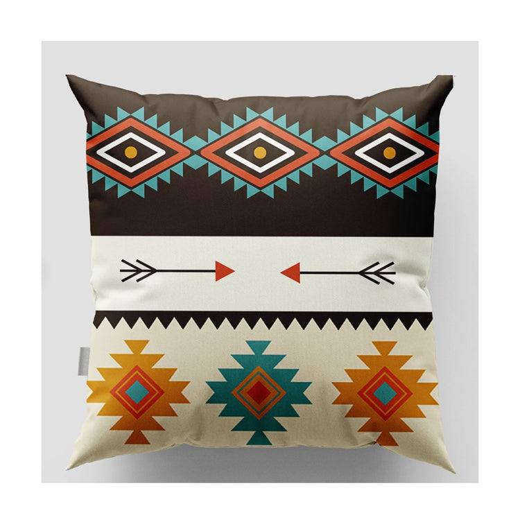 Cream cushion cover with teal and rust diamonds, arrows and mustard geometric motifs.