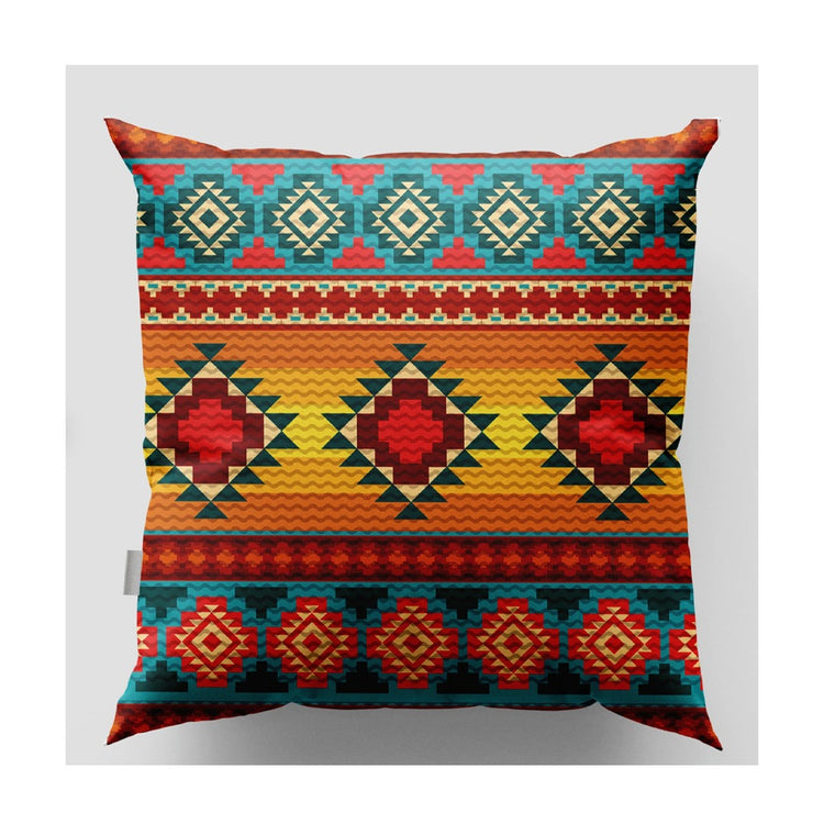 Cushion cover with teal, orange and yellow horizontal bands of stepped diamond motifs.