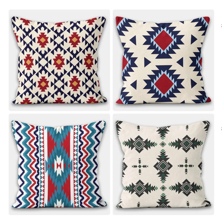 Four cream cushion covers with colourful stepped diamonds and zigzag patterns.