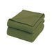 Folded olive green waffle-weave cotton thermal blanket.